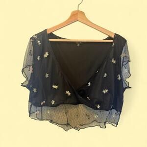 Delia’s Black Mesh Butterfly Embroidered Top Sheer Y2K Fairycore Whimsigoth 3X